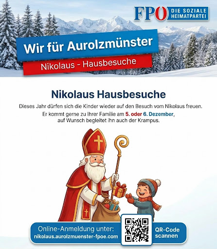 Plakat zu den Nikolaus-Hausbesuchen in Aurolzmünster: Nikolaus mit einem Kind vor winterlicher Kulisse; Online-Anmeldung über Webadresse und QR-Code.